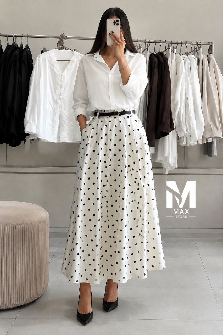 🎁 Ensemble Femme Chic | Jupe Pois Noir & Blanc + Chemisier  🖤🩵🤍