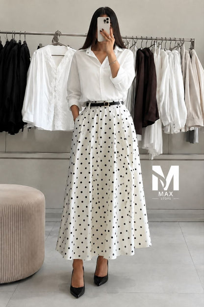 🎁 Ensemble Femme Chic | Jupe Pois Noir & Blanc + Chemisier  🖤🩵🤍