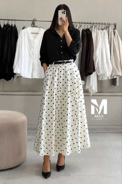🎁 Ensemble Femme Chic | Jupe Pois Noir & Blanc + Chemisier  🖤🩵🤍