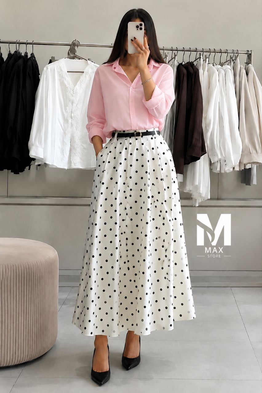 🎁 Ensemble Femme Chic | Jupe Pois Noir & Blanc + Chemisier  🖤🩵🤍